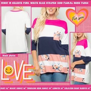NWOT M CELESTE hot pink white navy blue striped & floral boho shabby chic tunic